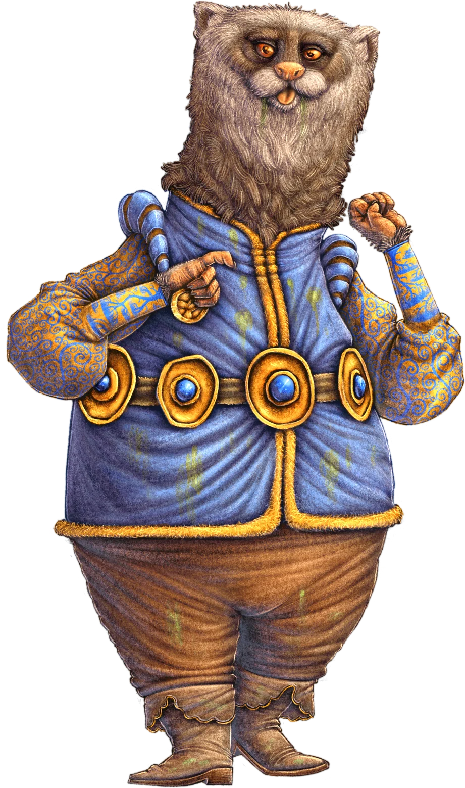 A furry creature in a periwinkle tunic with gold trim, pointing and grinning